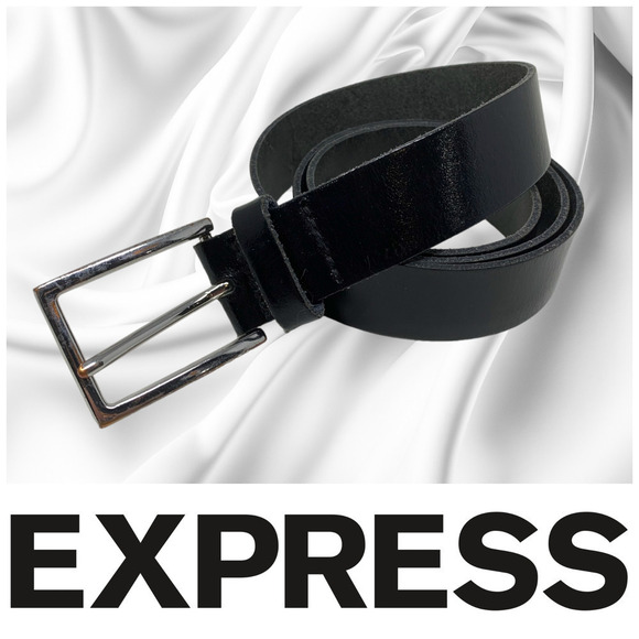 Vintage 1990's Express Men's Sz M Classic Black Leather Belt Made in England - Picture 1 of 5